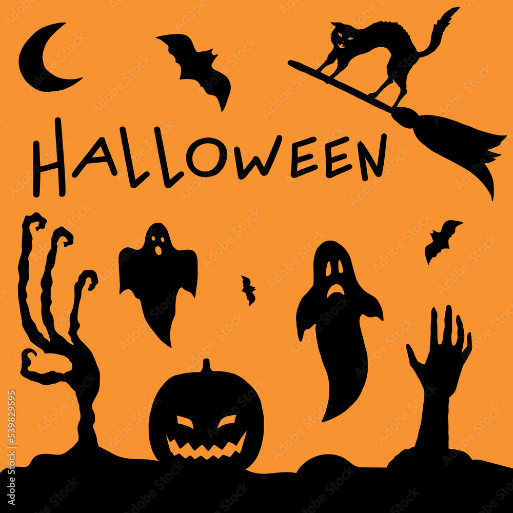 Halloween night view with ghosts, zombie's hands, black cat and bats. Black hand drawn spooky silhouettes on orange background. Halloween attributes. Vector illustration