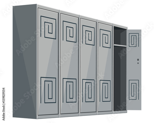 Metal cabinets locker or school changing room steel cupboard. Isolated grey storage boxe with open and closed doors, locks and shelve and vents