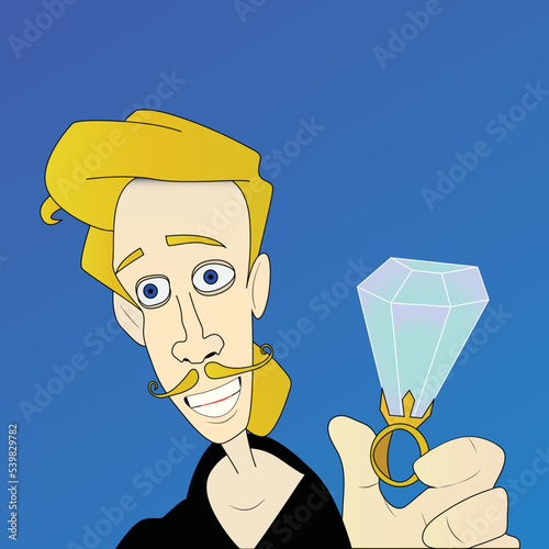 Young man with a dali's moustache holding a diamond ring