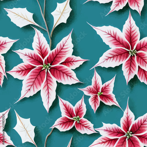 A seamless pattern of Poinsettia, Christmas plant, decoration pattern for wrapping, cards, green background