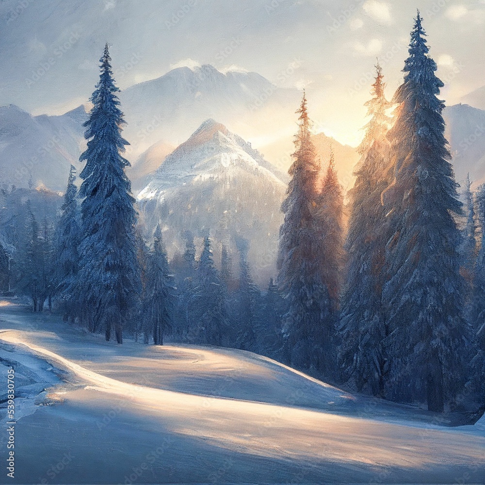 Obraz premium AI-generated hyper-realistic winter background with snowy trees and snowcap mountains in fog