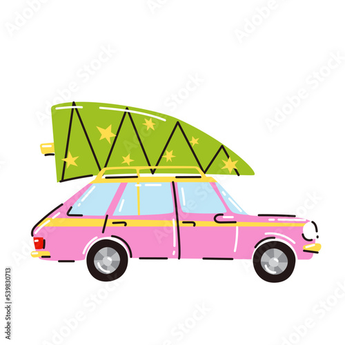 Vintage blue car with Christmas Tree and gifts in trunk. Hand drawn cartoon style vector illustration.