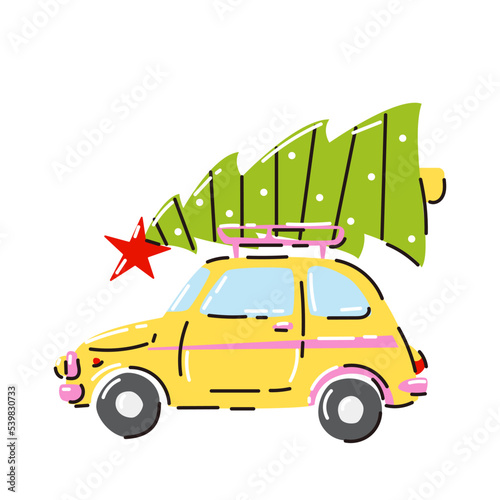 Vintage blue car with Christmas Tree and gifts in trunk. Hand drawn cartoon style vector illustration.