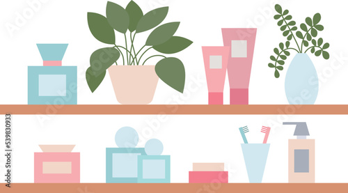 Vector shelves with bathroom tools illustration. Bathroom shelf with toilet tools and flowers