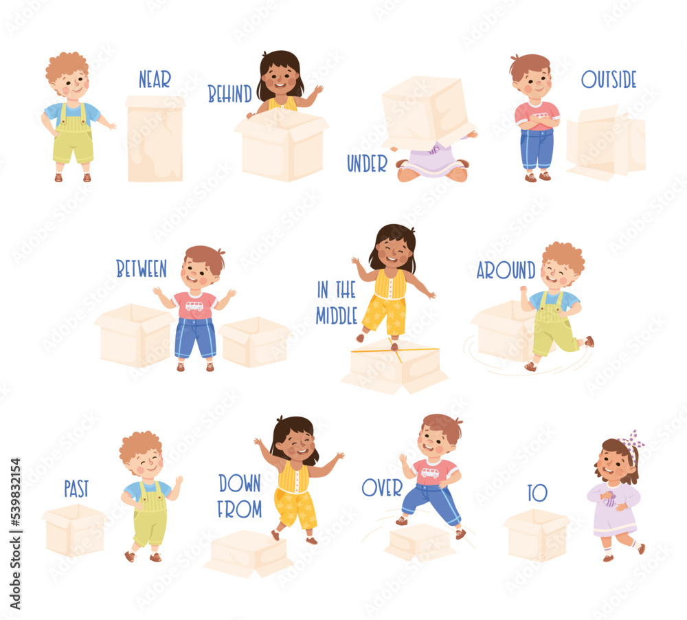 Little Children with Cardboard Box as Prepositions Demonstration Vector Set Little Children with Cardboard Box as Prepositions Demonstration Vector Set