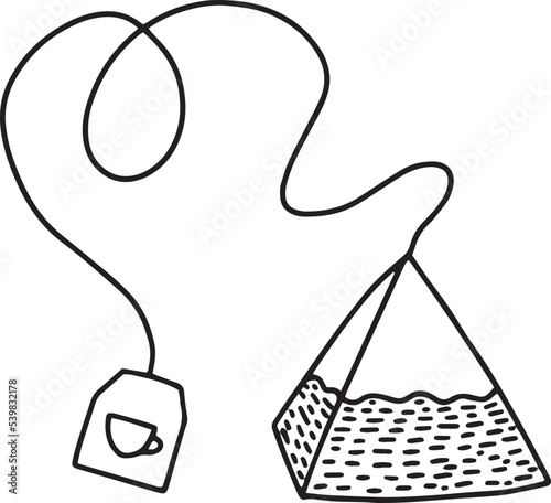 Pyramid tea bag vector doodle illustration. Hand drawn tea bag clipart