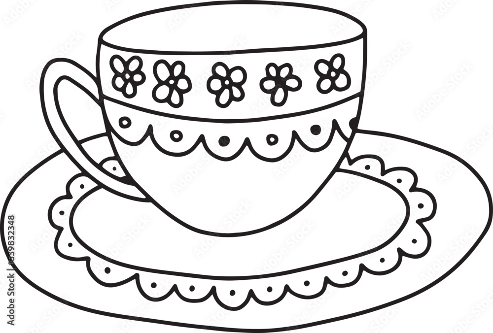 Vector hand drawn cup with plate for tea collection