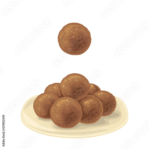 Gulab jamun with chapati. Indian traditional food. Vector color realistic illustration. Isolated on white