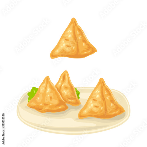 Samosa with chapati. Indian traditional food. Vector color realistic illustration. Isolated on white