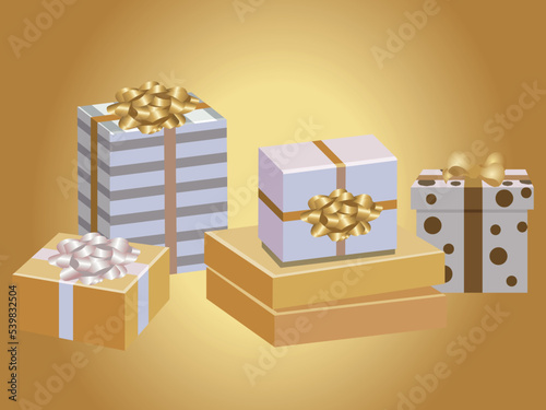 Gift boxes set. christmas or birthday presents with colorful wrap, ribbons and bows greeting cards 