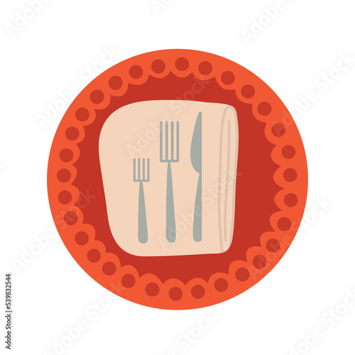 Vector table appointments illustration. Table napkin, plate and cultery clip art.