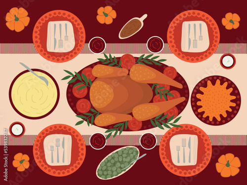 Thanksgiving turkey and another dishes vector flat style table illustration. Thanksgiving menu table top view dishes. Turkey, mashed potatoes, beans and pumpkin pie
