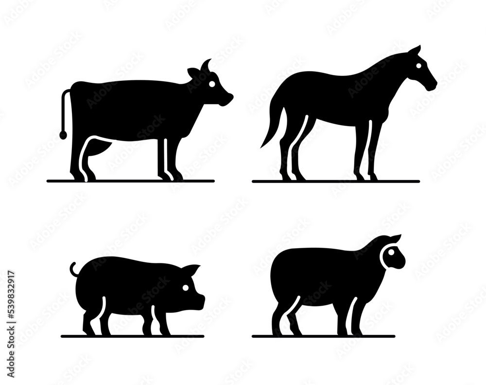 Farm animals set, cow, pig, horse and sheep. Icons in black. Vector illustration isolated on white background