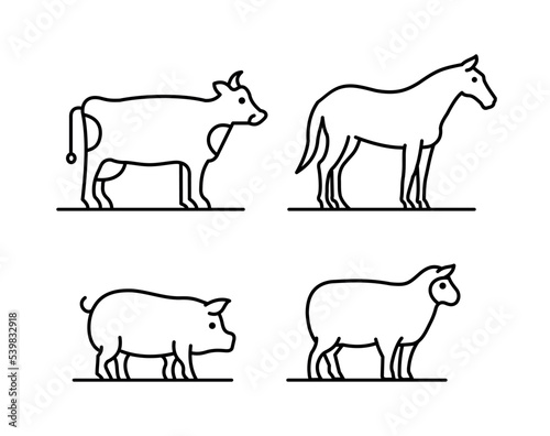 Farm animals set  cow  pig  horse and sheep. Linear icons. Vector illustration isolated on white background