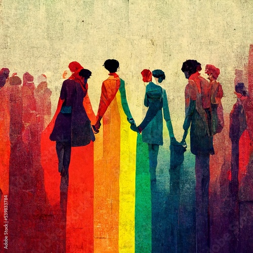Abstract LGBTQ+ illustration, people holding hands, gathering together with gaypride colors, diverity, inclusion, love, gender, homosexuality.Painting, concept art, illustration, wallpaper photo