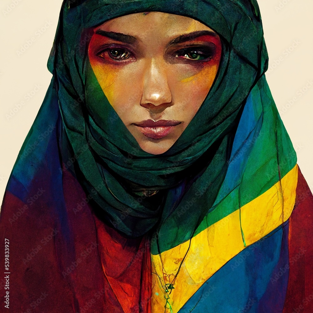 Abstract women illustration wearing a hijab colored with LGBTQ+ rainbow
