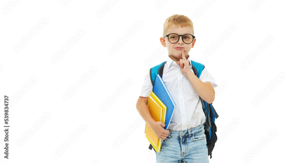 Back to school. Funny little boy from elementary school with a book, a backpack and glasses on a white background. Laughs merrily. Preparation for school. Concept of early development Back to school. Funny little boy from elementary school with a book, a backpack and glasses on a white background. Laughs merrily. Preparation for school. Concept of early development
