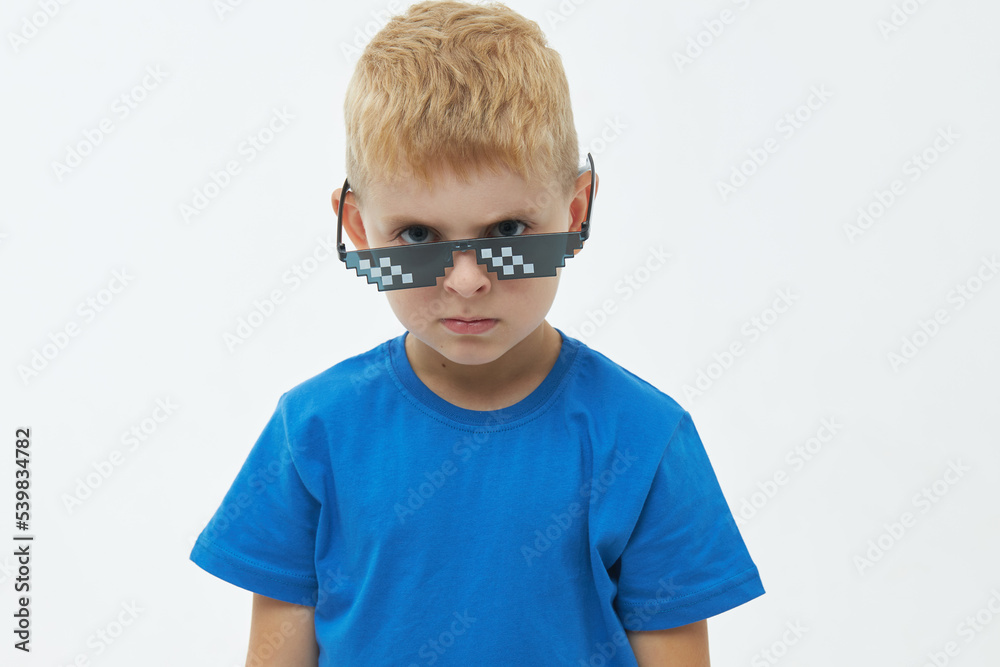 Portrait of a schoolboy in pixel glasses on white background. Cool dude boy guy Portrait of a schoolboy in pixel glasses on white background. Cool dude boy guy