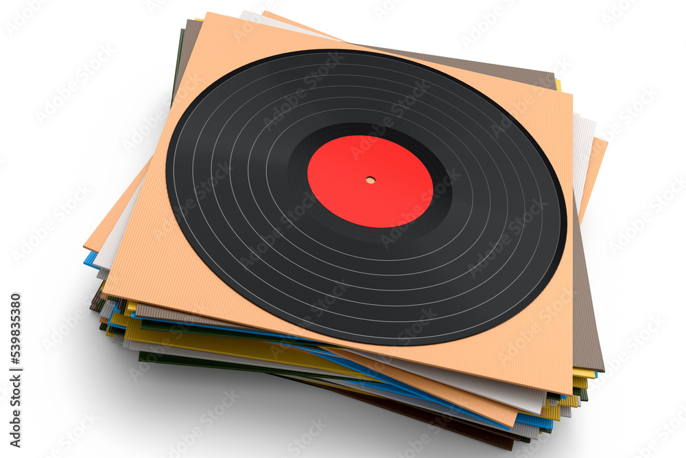 Fototapeta premium Black vinyl LP record with heap of covers isolated on white background.
