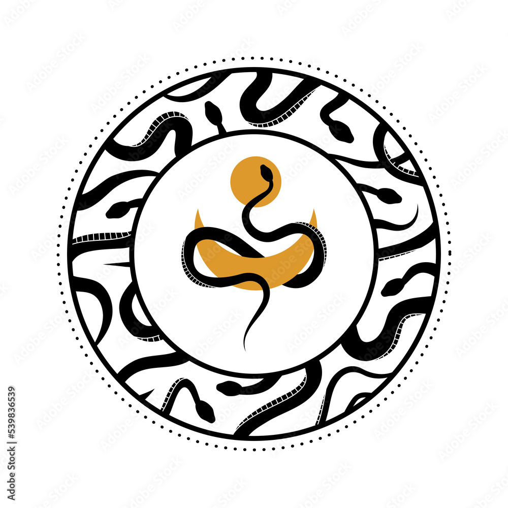Monochrome round snake frame. Mystic snake and moon in circle frame. Decorative design element Monochrome round snake frame. Mystic snake and moon in circle frame. Decorative design element
