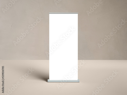 3D illustration. Roll-up banner mockup isolated on wall background