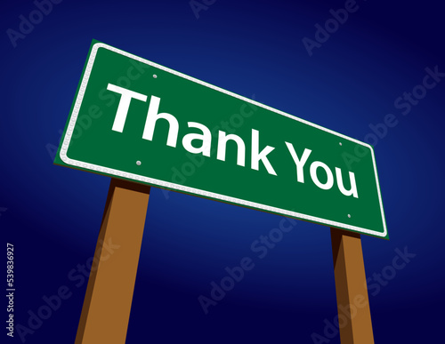 Thank You Green Road Sign Illustration on a Radiant Blue Background.
