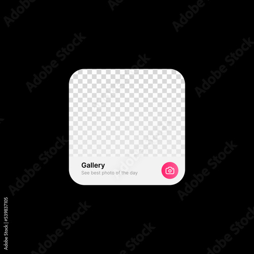 Photo Gallery Widget UI Concept on Black Background. Social Media Illustration. Editable Photo, Gallery Title and Text with Camera Icon in Pink Circle. Web Element for Mobile Applications. Vector