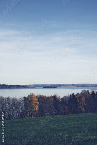 View from Billerud at Kapp towards the small Hovinsholmen Island in Lake Mjøsa in autumn.