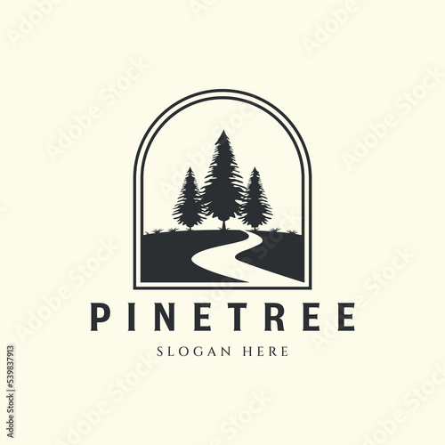 pine tree with river vintage vector style logo and emblem template illustration design