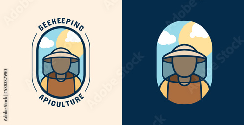 Bee keeper emblem logo design set, apiculture badge symbol, retro style insect farm patch concept, beekeeping editable commercial logotype, countryside farmer branding, isolated on background