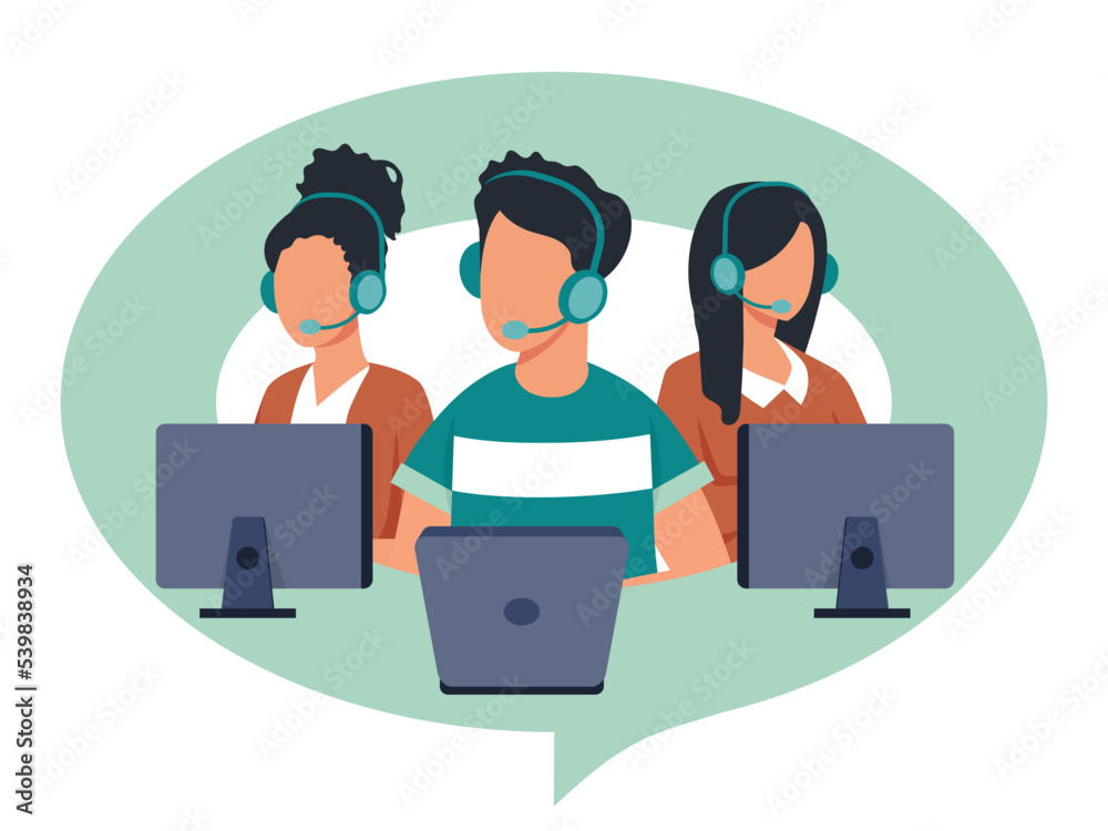 Obraz premium Vector illustration, customer service, hotline operator advises customer, online global technical support, customer and operator vector. Technician with Yes sign.