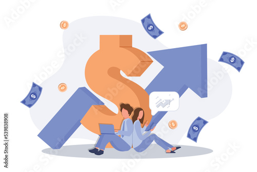 Inflation illustration. Character buying food in supermarket and worries about groceries rising price. Consumer price index growth and financial crisis concept. Vector illustration.