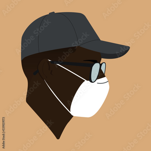 Silhouette. Portrait. Black man head in the mask. Head in the mask flat colored illustration. Head silhouette. The head of a black guy in a baseball cap and sunglasses. Quarantine 