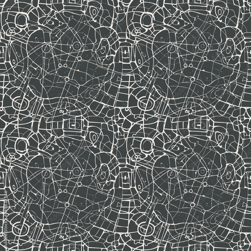 Abstract seamless pattern, similar to roads map or streets plan of a large city. Vector background with chaotic lines on a beige backdrop. Suitable for wallpaper, wrapping paper, fabric in retro style