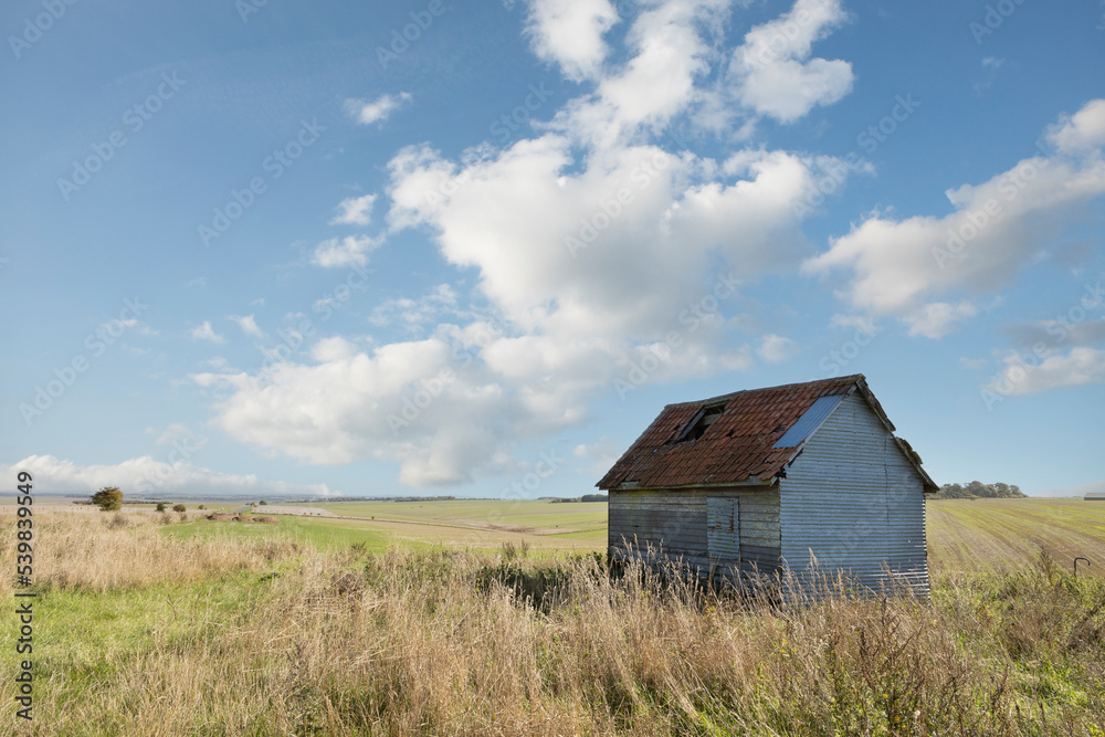 old farm building on agricultural land, open farmland blue skys old farm building on agricultural land, open farmland blue skys