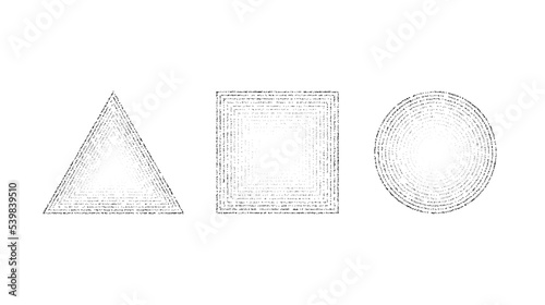 Dotted grainy shapes set. Stippled square, circle and triangle with gradient. Grain noise geometric forms. Stochastic dot work collection. 