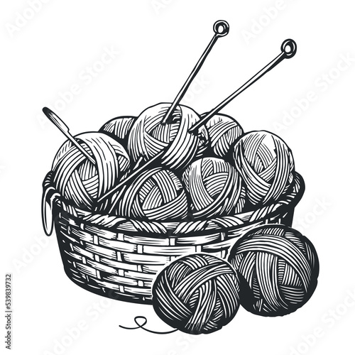 Balls of yarn, knitting needles in basket. Clews, skeins of thread. Tools female hobby handicraft, hand-knitting sketch