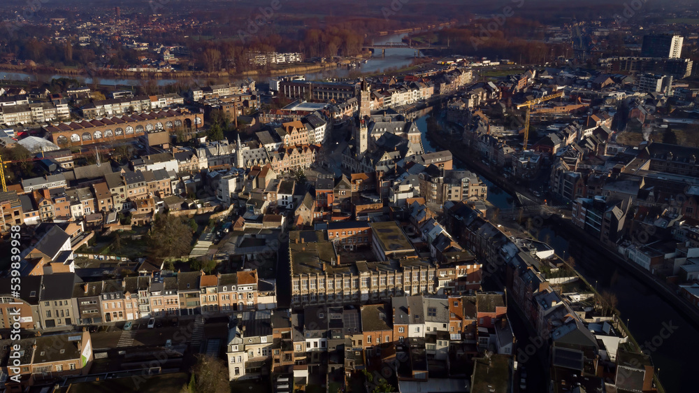 Aerial view of downtown Dendermonde, in East Flanders, Belgium