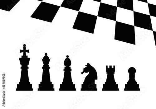 Chess pieces icons with name. Board game. Black silhouettes isolated on white background. Chess poster
