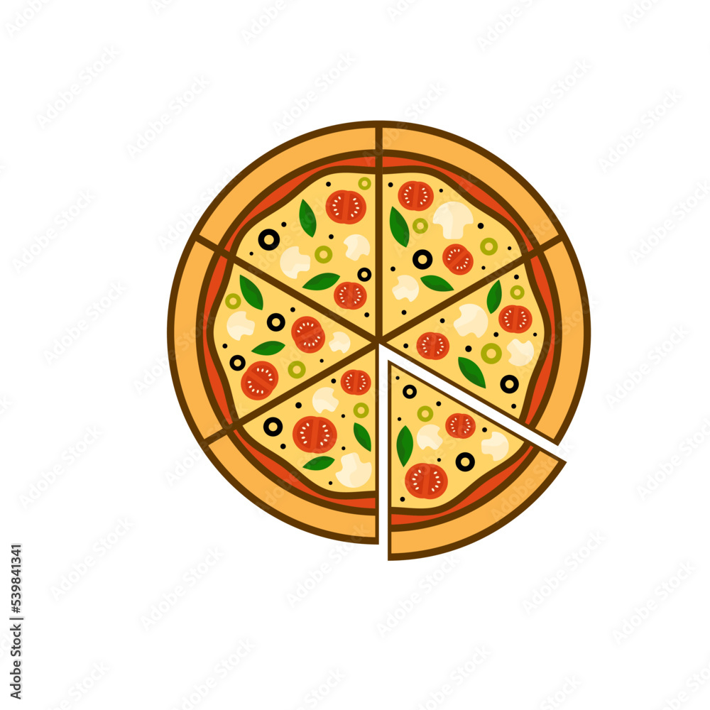 Flat vector round pizza. Fast food theme. Element for promo poster, flyer or menu of pizzeria