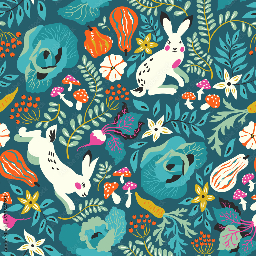 Vector seamless pattern with funny white rabbits, flowers, fly-agaric and vegetables: cabbage, decorative pumpkin, carrots, beets. Lovely design for textiles. Vector seamless pattern with funny white rabbits, flowers, fly-agaric and vegetables: cabbage, decorative pumpkin, carrots, beets. Lovely design for textiles.