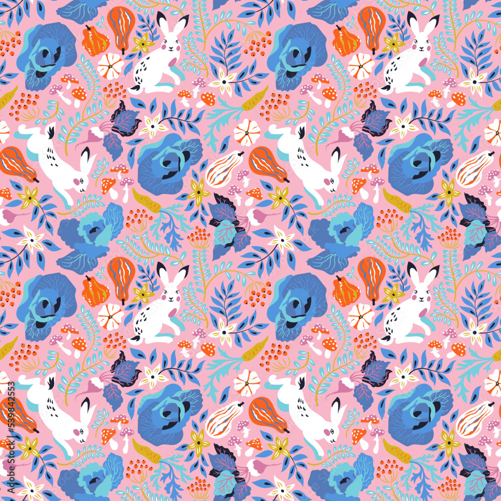 Vector seamless pattern with funny white rabbits, flowers, fly-agaric and vegetables: cabbage, decorative pumpkin, carrots, beets. Lovely design for textiles. Vector seamless pattern with funny white rabbits, flowers, fly-agaric and vegetables: cabbage, decorative pumpkin, carrots, beets. Lovely design for textiles.