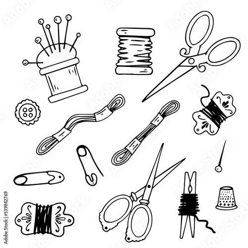 Set of line sketches of vintage sewing accessories.Vector graphics.