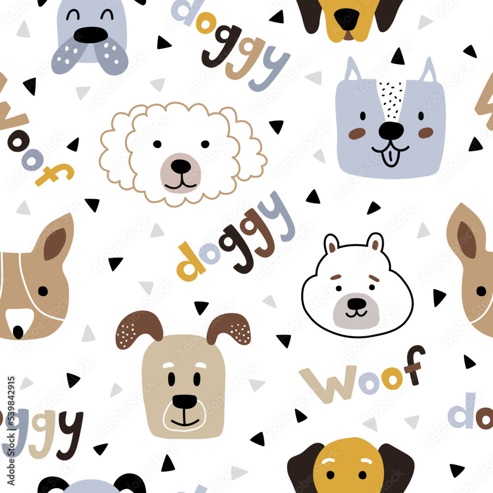 Faces of dogs with text and design elements on a white background. Seamless vector pattern with domestic pets. Kids print for wallpaper or nursery with animals Faces of dogs with text and design elements on a white background. Seamless vector pattern with domestic pets. Kids print for wallpaper or nursery with animals