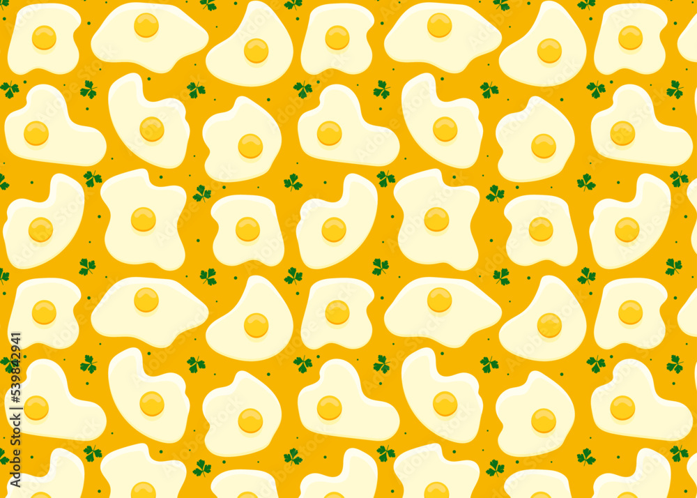 Seamless pattern of fried eggs with parsley on a yellow background. Vector illustration