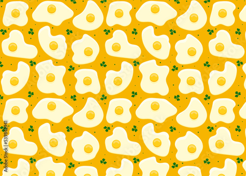 Seamless pattern of fried eggs with parsley on a yellow background. Vector illustration