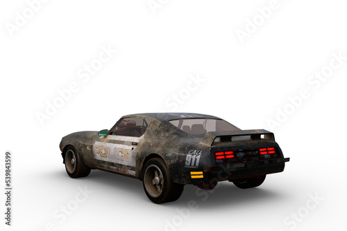 Rear view 3D rendering of a vintage American high performance police car isolated on a transparent background.