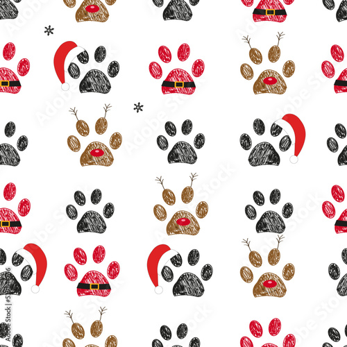 Paw prints with santa Claus, deer and red hat. Happy new year and Christmas design made of paw prints. Seamless fabric pattern