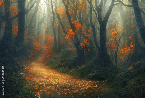 Colorful autumn trees along a forest trail in misty overcast day, bright golden foliage, generative AI illustration