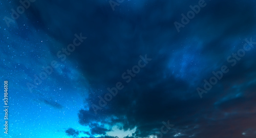 Blue long exposure sky with clouds and stars. Sky background.